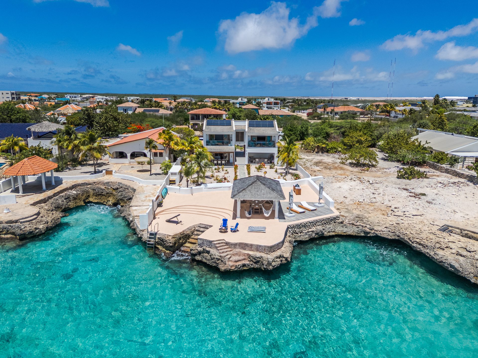 Aerial view of Villa Danjel on its private oceanfront point at Punt Vierkant, Bonaire